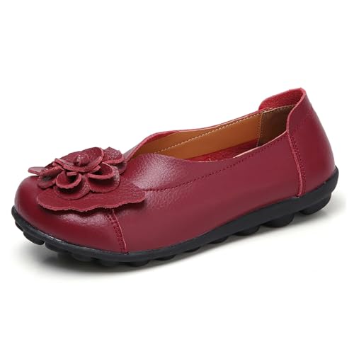 Womens Genuine Leather Loafers Wide Width Slip on Casual Round Toe Moccasins Driving Flats Lightweight Mom Nurse Walking Shoes
