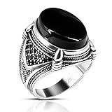 SKOOMEN Sterling Silver Men's Ring, Black Agate Ring with Jewelry Box, Handmade Statement Ring with