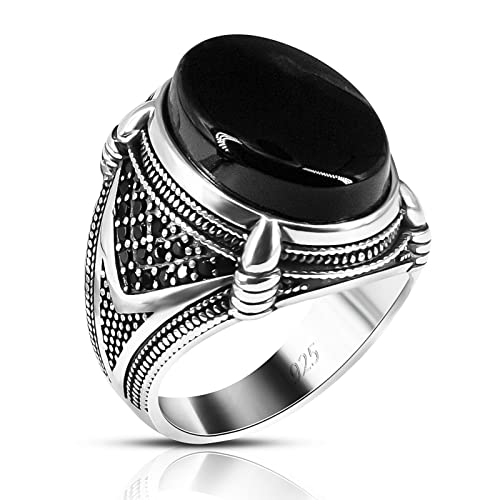 Skoomen Sterling Silver Men's Ring, Black Agate Ring With Jewelry Box, Handmade Statement Ring With Gemstone, Large Oval Biker Punk Band, Mens Signet Band Ring (Size 10) #TOP4