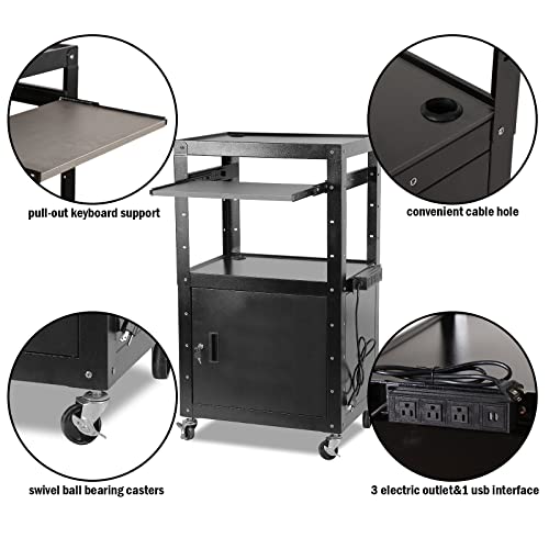 AV Cart, Rolling Presentation Cart Station, Height Adjustable Media Cart for Video Projector, TV, Printers, Computers with 1 Storage Locking Cabinet, 1 Sliding Keyboard Tray, 3 Outlets, 2 USB Ports