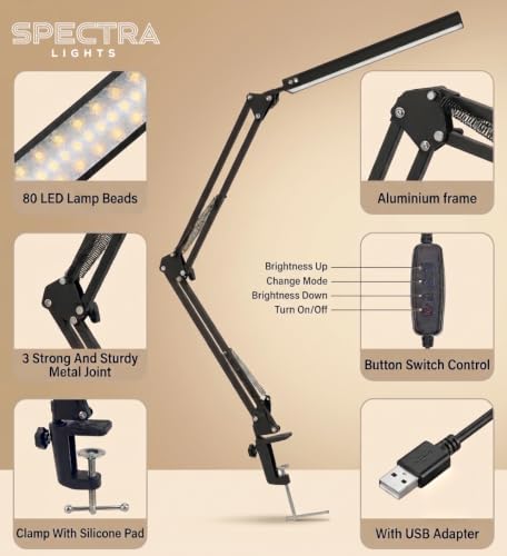 Image of Modern Desklamp with 360 Adjustable arm and clamp, 3 Color Modes & 10 Brightness Level. Eye Caring 12W Table Light - for Office, Study Table, Reading Room, Home