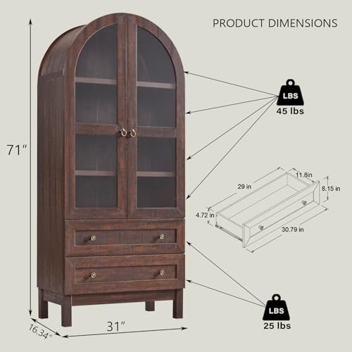 IFGET 71" Tall Arched Kitchen Pantry Cabinet, Wood Kitchens Storage Cabinets with 2 Large Drawers and Adjustable Shelves, Modern Farmhouse Versatile Cupboard for Kitchen, Dining Room, Bathroom, Brown - Image 2