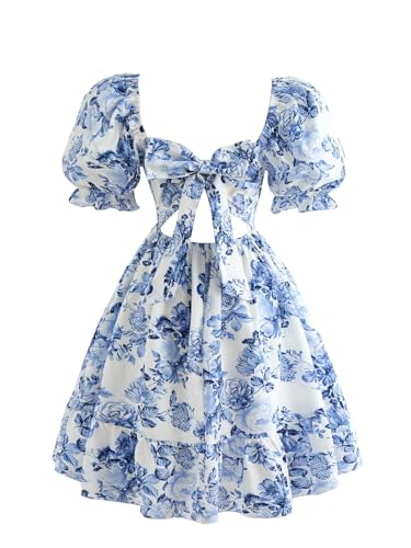 Girl's Floral Bowknot Back A Line Dresses Square Neck Puff Sleeve Smocked Vacation Short Dress2