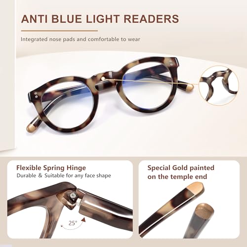 Image of EASY READ Retro Round Blue Light Blocking Reading Glasses for Women,Anti UV Readers for Women with Spring Hinge