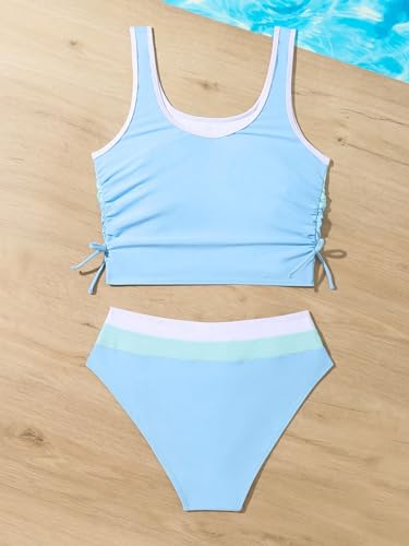 Image of SweatyRocks Girl's 2 Piece Bathing Suit Colorblock Ruched Scoop Neck Drawstring High Waist Bikini Swimsuit Blue 16Y
