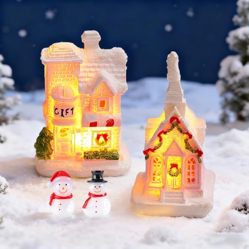 GAROMIA Weihnachtsdorf mit Beleuchtung 2 Stück Mini Lichthaus...