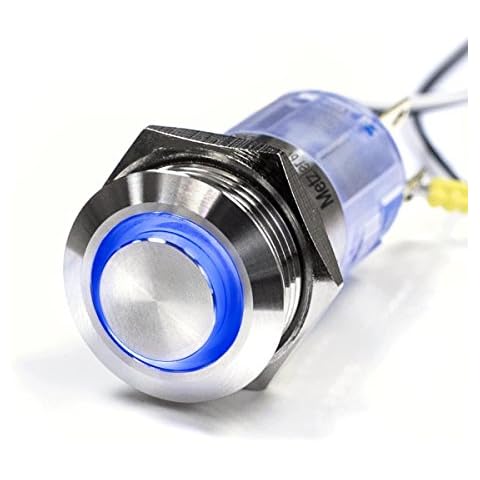 LED-Druckschalter - Einbau-Durchmesser 16 mm - Vandalismus-geschützt - Edelstahl - rostfrei wasserdicht - mit Ringbeleuchtung (Rastend, Blau) Cover