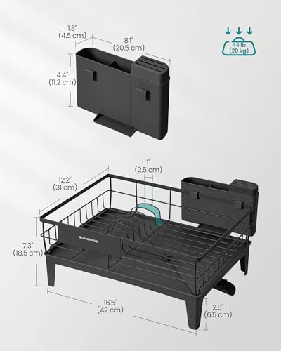 Image of SONGMICS Dish Drying Rack, Kitchen Dish Rack with Drainboard, 360 Rotatable and Extendable Spout, with Cutlery Holder, 12.2 x 16.5 x 7.3 Inches, Ink Black UKCS550B01