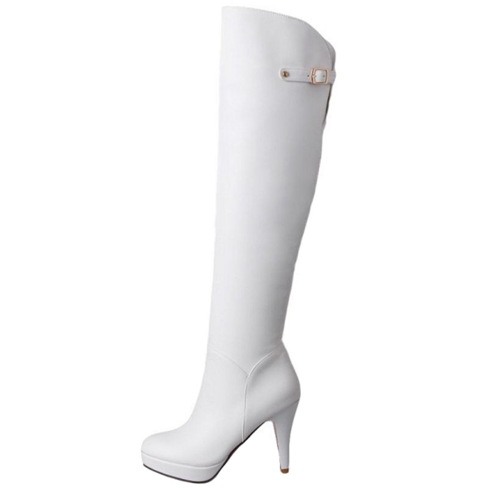 Damen Overkneestiefel Plateau 10cm Reißverschluss Schnalle | Pfennigabsatz 10cm; Plateau 2.5cm; Reißverschluss; Webpelz Futter; Rutschhemmende Gummisohle; Pflegeleicht; Herbst/Winter