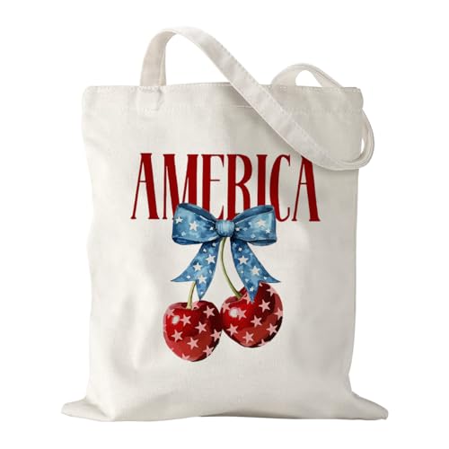BQXS 4th of July Patriotic Tote Bag for Women America Memorial Day Independence Day Canvas Bag for Women Grocery Shopping Travel Gym Weekender Vacation - Blue Red Cherry Bow Pattern