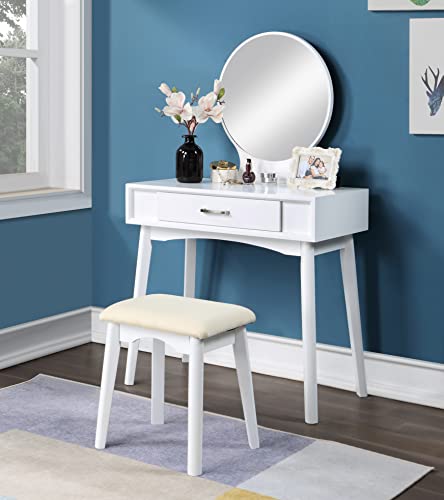 aphrophina Contemporary Wood Vanity and Stool Set with Round Mirror and Storage Drawer, Modern Design, White
