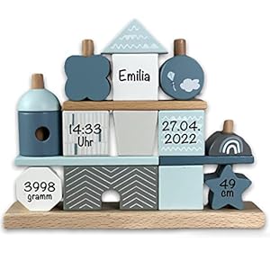BellasTraum Steckspiel Haus blau bedruckt I Personalisierbares Geschenk zur Geburt Junge I Handmade Holzspielzeug I…