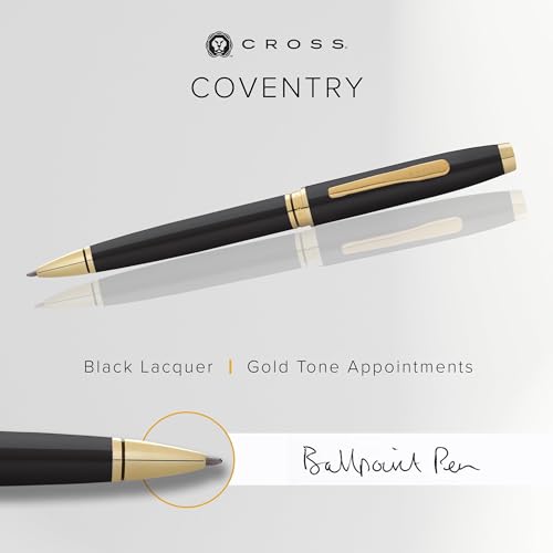 Image of Cross Coventry Black Lacquer with Gold-Tone Appointments Refillable Ballpoint Pen - Medium Point, Black Ink, Presented in a Luxury Gift Box