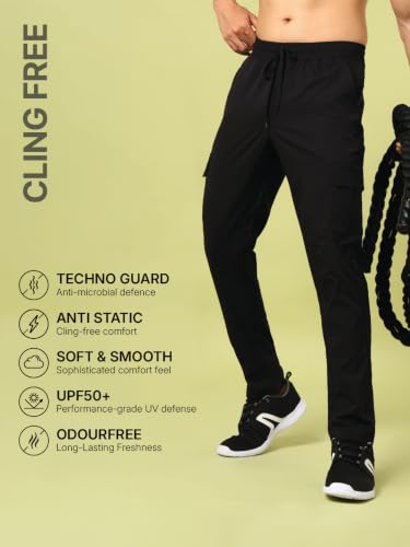 Image of TECHNOSPORT Men's Straight Fit Cargo Track Pants with Multiple Pockets, TS Flexi Quick Dry Stretchable Lightweight Joggers for Gym and Casual Wear