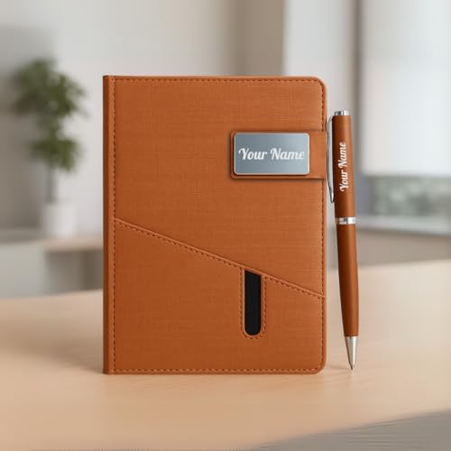 Image of Giftana Personalized Jute Diary with Pen Gift Set, 2 in 1 Customized Pen with Notebook Planner and Organiser Office A5 Diary, New Year Corporate Gifts for Employee (Brown)