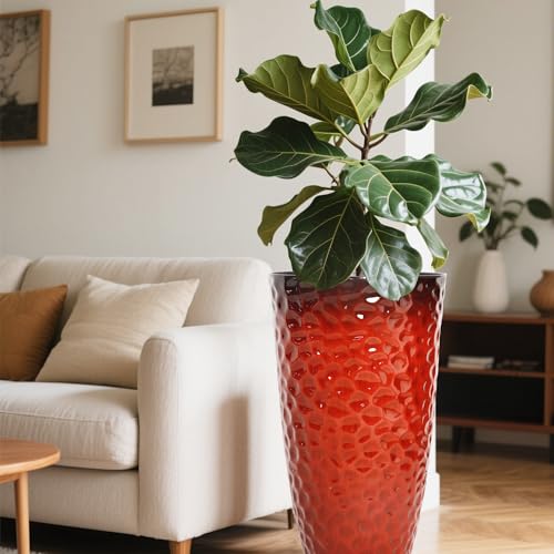 Worth Garden 14" Dia x 24" H Large Plastic Planters with Drainage Hole, Set of 2 Hammered Texture Red Glossy Smooth Finish, Tall Taper Round Decorative Flower Plant Pot for Indoor Outdoor, Front Porch - Image 6