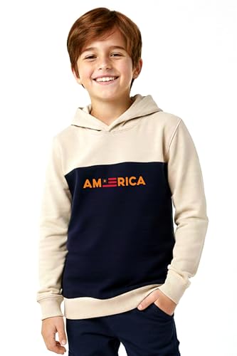 Image of Boys Hooded Sweatshirt, America Print, Cotton Blend, Long Sleeve, Navy Blue /Pink /Orange, Regular Fit