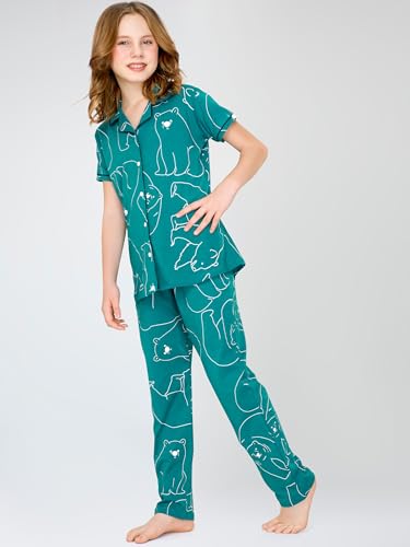 Image of ZEYO Night Suit for Girl's Polar Bear Printed Cotton Night Dress of Shirt and Pajama Set 5533