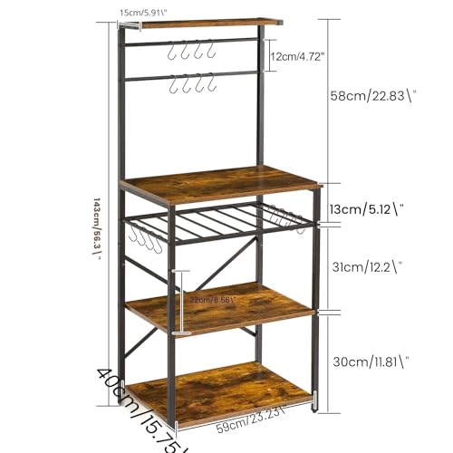 Miniatura 3 de Ymyny Estantería De Cocina, Organizador De Cocina, Soporte Para Microondas Con 5 Estantes 12 Ganchos, Botellero Ajustable, Para Especia, Estilo Industrial, 59 X 40 X 143cm, Rústico Y Negro Hbr001h