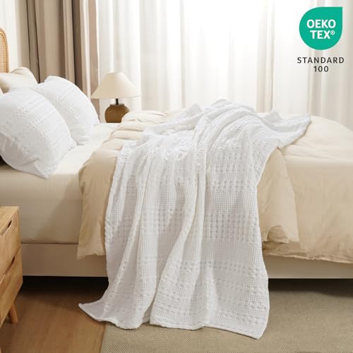 Image of PHF 100% Cotton Waffle Throw Blanket for Couch, Lightweight Breathable and Soft for Summer, Luxury Aesthetic Waffle Weave Blanket for Home Decor & Office, Gifts for Women, 50 inchx60 inch, White