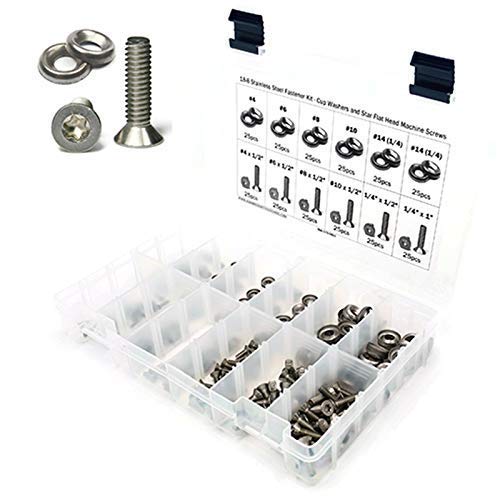 Flat Head Star Drive Machine Screws Assortment Kit with Finishing Cup Washers 18-8 Stainless Steel - 301 Pieces