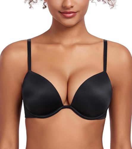 Lemorosy Women's Deep V Plunge Underwire Padded Push Up T-Shirt Bra - 2 Cups Up (40A, Black)