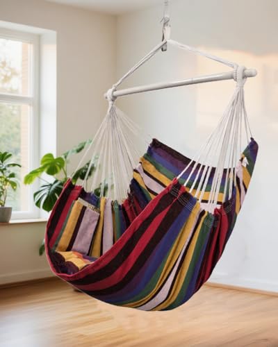 Image of Lulladle Hammock Chair Hanging Rope Swing for Bedrooms - Indoor and Outdoor Swing Chair - Max Weight 500 Lbs - Rainbow