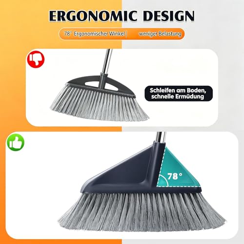 Image of Broom and Dustpan Set with 52 inch Long Handle | Stand Up Dustpan with No Warping Metal Edge, 4-Layer Flagged-Tip Bristles, Hair Cleaning Teeth for Home, Kitchen & Office