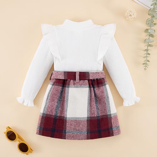 Image of Weixinbuy Toddler Girl Fall Winter Clothes Solid Long Sleeve Ribbed T-Shirt Knit Tops Plaid Button Mini Skirts Set Outfits