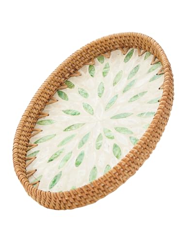 Rattan Serving Tray with Mother of Pearl Inlay for Home Decor and Coffee Table Decor Wicker and Woven Tray Oval Decorative Serving Tray