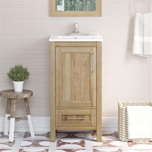 Pemberly Row 18" Bathroom Vanity, White Oak Finish, Ceramic Vanity