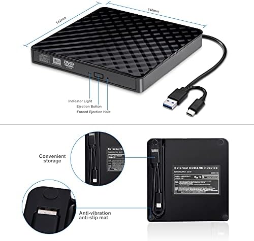 External CD DVD Drive, USB 3.0 and Type-C Portable CD DVD +/-Rw Drive Reader, DVD/CD ROM Burner Rewriter, Slim Optical DVD Drive for Laptop, Desktop, Mac, Macbook, OS/ Windows/ Linux
