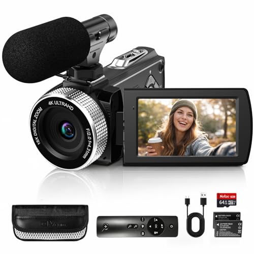 Image of 4K Video Camera Camcorder with Autofocus, 48MP Vlogging Camera for YouTube, 18X Digital Zoom, 3.0" Rotatable Touchscreen, LED Fill Light, External Microphone, 64GB Card, Remote Control & 2 Batteries