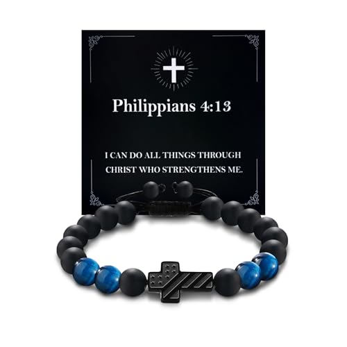 Patriotic Christian Cross Bracelet - Adjustable Blue Tiger Eye Beads Bracelet Faith Jewelry Gift for Students & Young Professionals Men with Scripture Card