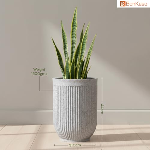 Image of Bonkaso 18 Inch Burj Khalifa Ribbed Planter Pot Indoor & Outdoor Use | Round Heavy Duty Polymer Flower Pot | Lightweight Weather Resistant Modern Gamla for Living Room Balcony & Terrace (Light Grey)