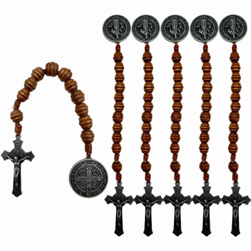 BONITTER 6 Pack Medalla de San Benitol and Crucifix, 9 Inch,Saint Benedict Medal Prayer Pocket Rosary Catholic Brown Wood Beads Cross