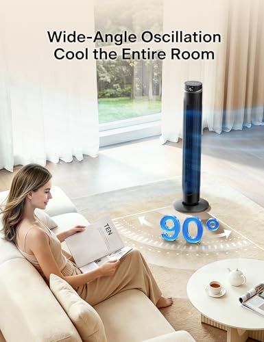 Image of PELONIS 42-Inch Tower Fan with 90 Oscillation, DC Motor Standing Fan with Remote Control & LED Display, 12 Speeds & 24H Timer, Quiet Cooling Fan for Bedroom Home Office