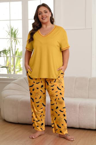 Image of Vozanet Women's Plus Size Pajama Sets Short Sleeve Long Pants Solid Color with Piping Trim Elegant Loungewear Cozy Sleepwear