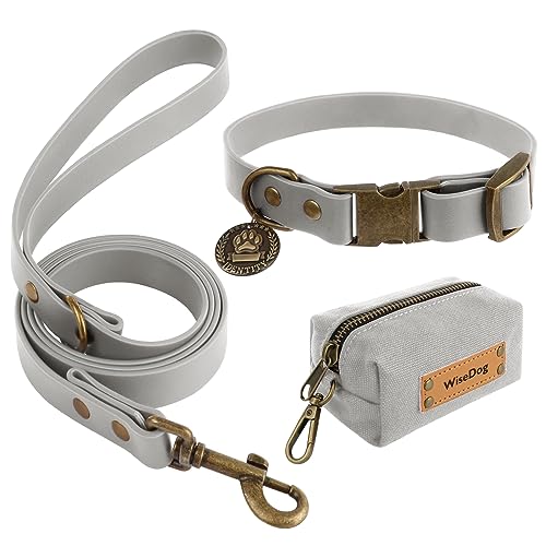 Wisedog Set di collari e guinzagli per cani Combo: collari regolabili e durevoli con guinzaglio per cani di piccola taglia media e grande, contiene un bonus di Poop Bag Holder (L, Grigio)