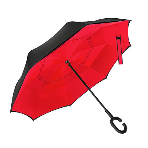 Ylovetoys Inverted Double Layer Windproof Reverse Umbrella for Car and Outdoor Use, Pure Red
