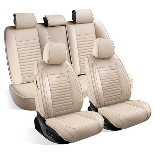 Image of Car Seat Covers Fit for VW Passat 1999-2022(Beige,Full Set) | Full Coverage Faux Leather Seat Protector Waterproof Airbag Compatible and All-Weather Automotive Seat Covers