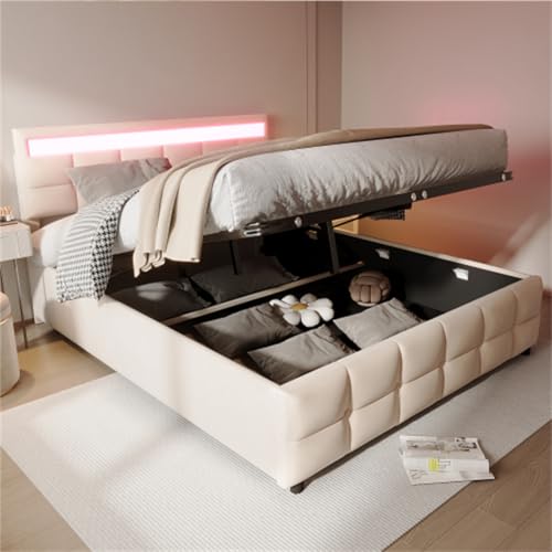 Cama tapizada hidráulica 180x200cm con somier Cama Doble King Size para Adultos Adolescentes Cama de almacenaje para Dormitorio Cama Familiar Cama de Invitados Beige con LED