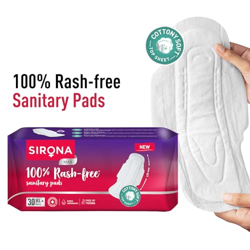Image of Sirona Max Sanitary Pads for Women | XL Plus (Pack of 60 Pads) | 100% Rash Free & Toxic-Free | Organic Cotton Sanitary Pad | Up to 0% Leakage, Comfortable & High Absorbency