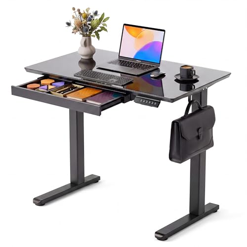 Image of INNOVAR Glass Standing Desk with Drawers 35 x 20 Inch Black