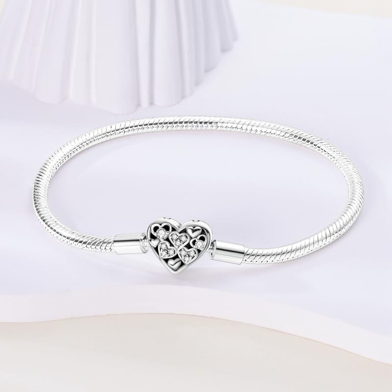Image of 925 Sterling Silver Snake Chain Bracelets Fit Pandora Charms,Heart Clasp Bracelets Perfect For Any Glamour Gift for Women with 5 A Cubic Zirconia
