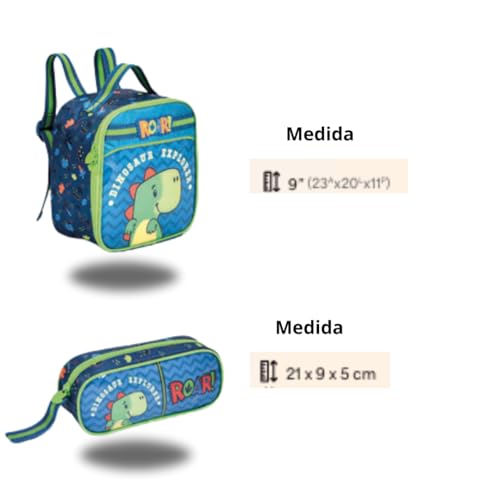 Kit Mochila de Rodinhas Dinossauro Lancheira Térmica Estojo Escolar Infantil Menino