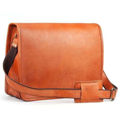 Handmade World Leather Messenger Bag 'Elegant Enigma' 15 Inch Laptop Computer Shoulder Bag Satchel Crossbody (Tan Brown)