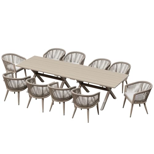 Image of PURPLE LEAF Outdoor Dining Set for 10 with 125.98 inch x 38.58 inch Table Champagne