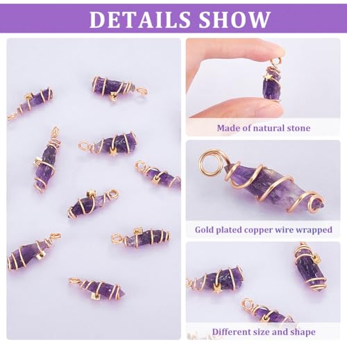 FINGERINSPIRE 12Pcs Natural Amethyst Crystal Pendant Gold Plated Wire Wrapped Crystal Gemstones Pendant with Star Decorations Healing Stones Pendant Charms for Necklaces Earrings Jewelry Making - Image 3