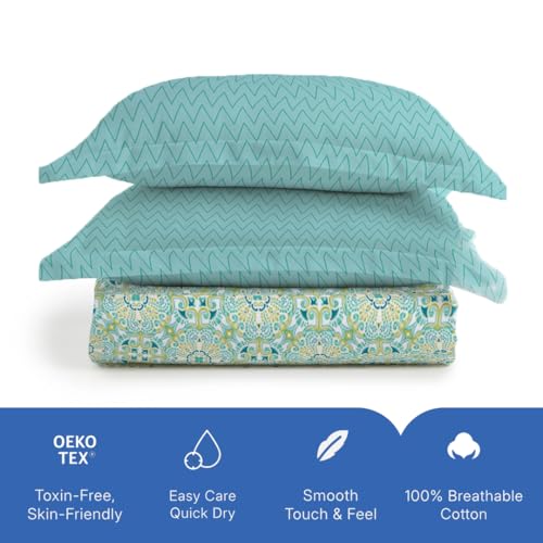 Image of Livspace Cotton Super King Size Bedsheet for Double Bed | 108 inch x 108 inch | 144 TC Flat Cotton Bedsheet with 2 Pillow Covers, Soft & Breathable - Bello Pure Nest Collection (Teal)